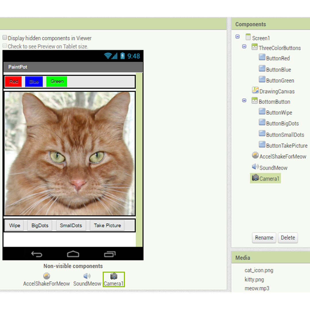 Screenshot: Web-Oberfläche des MIT-App Inventors, 
                        zeigt Vorschau der Foto Mal-App