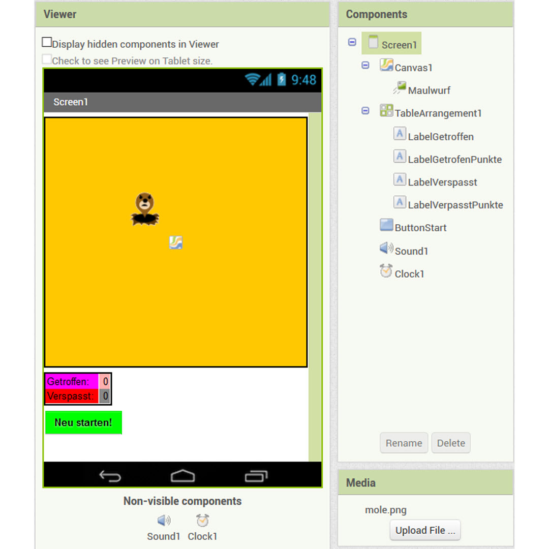 Screenshot: Web-Oberfläche des MIT-App Inventors, 
                        zeigt Vorschau des Maulwurf-Spiels