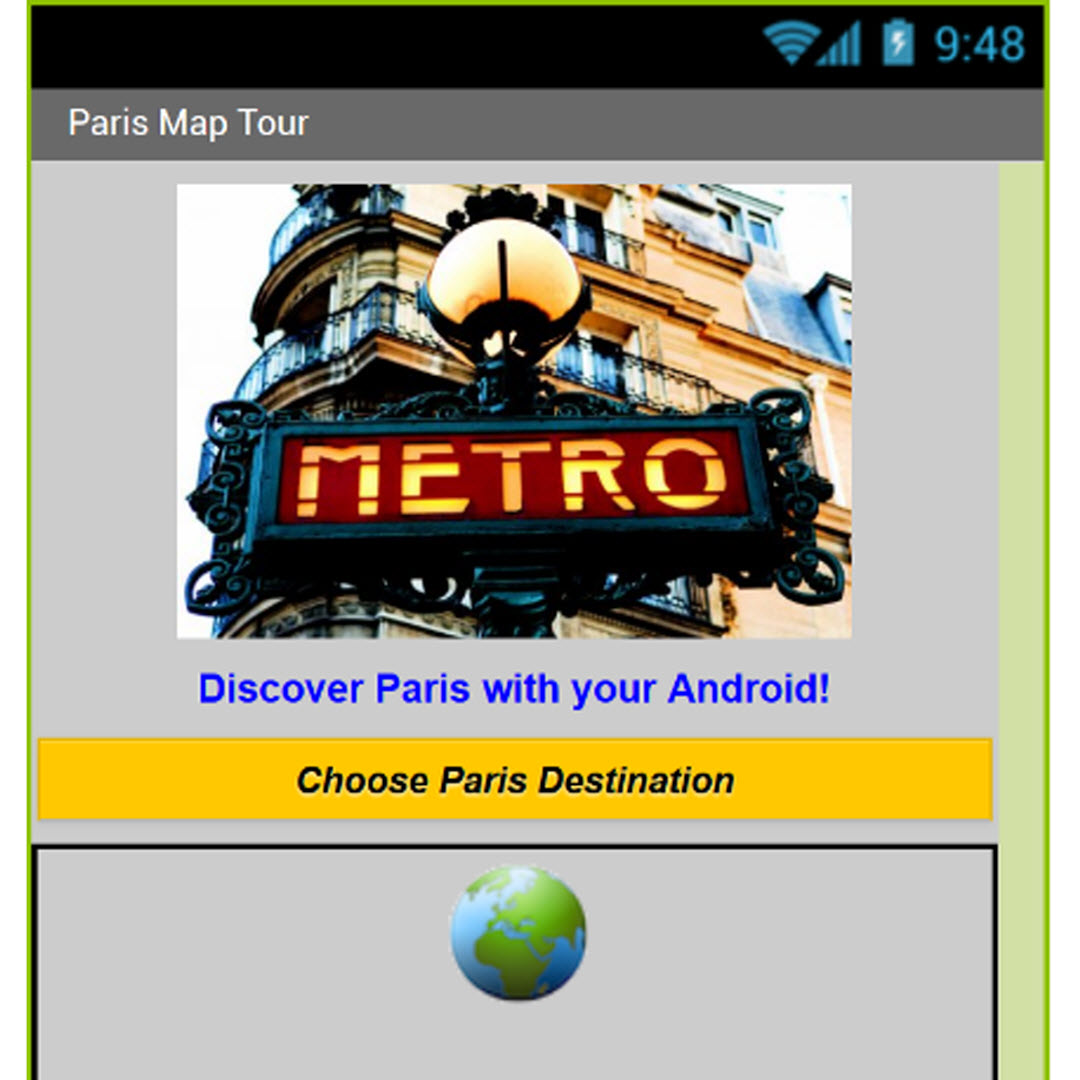Screenshot: Web-Oberfläche des MIT-App Inventors, 
                        zeigt Vorschau der Paris Karten-App